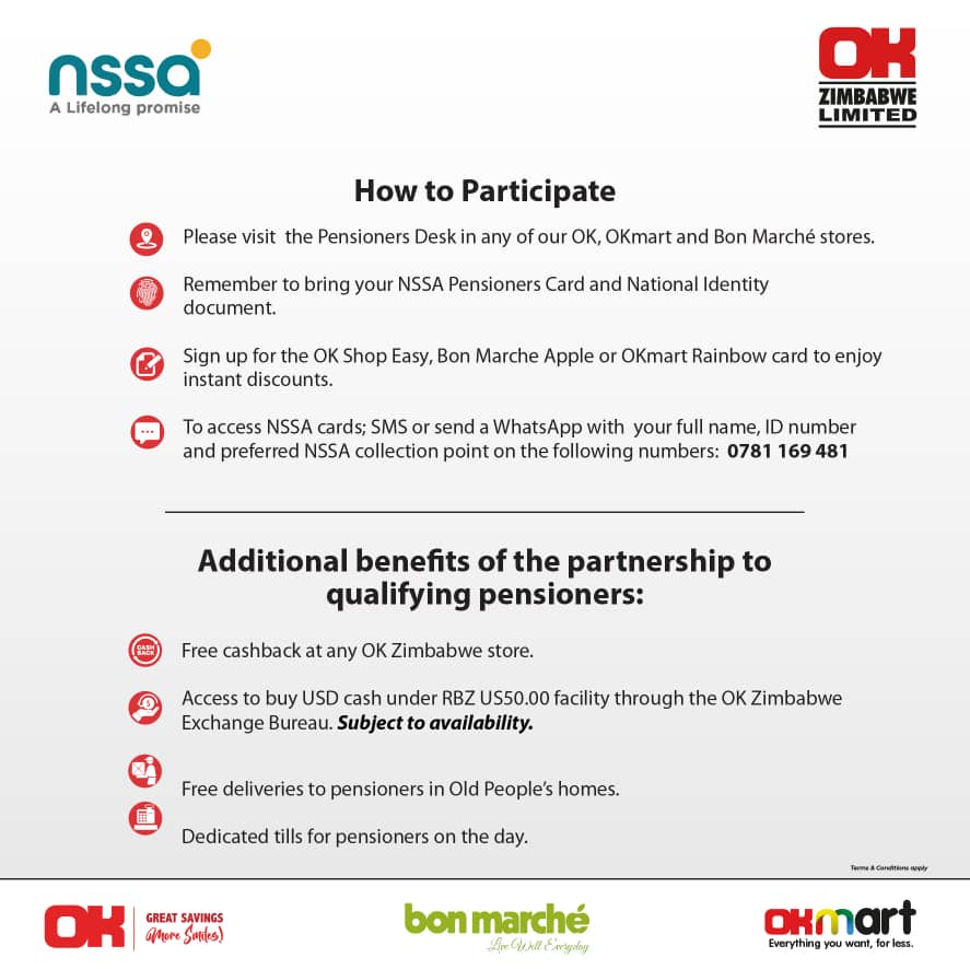 OKZimbabwe's tweet image. Everything is OK for  NSSA pensioners.

#SeniorCitizensWeek – Did you know that you can get 10% off your grocery expenses when you shop at OK, Bon Marche, or Okmart between the 13th and 18th of every month? To learn more, simply visit the help desk at your nearest branch.