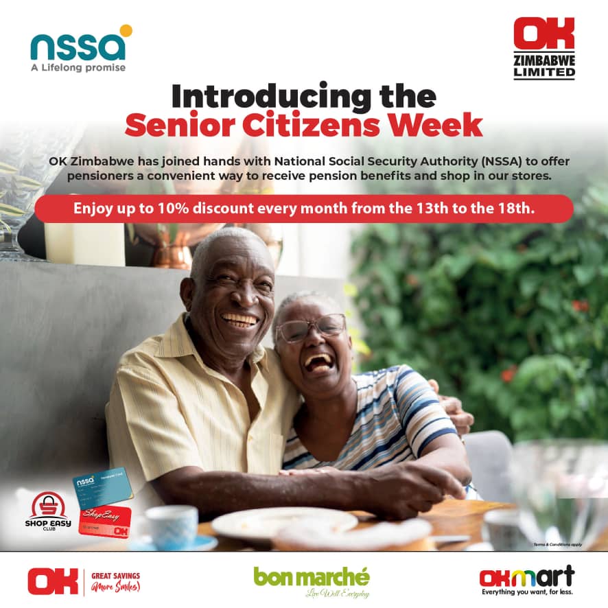 OKZimbabwe's tweet image. Everything is OK for  NSSA pensioners.

#SeniorCitizensWeek – Did you know that you can get 10% off your grocery expenses when you shop at OK, Bon Marche, or Okmart between the 13th and 18th of every month? To learn more, simply visit the help desk at your nearest branch.