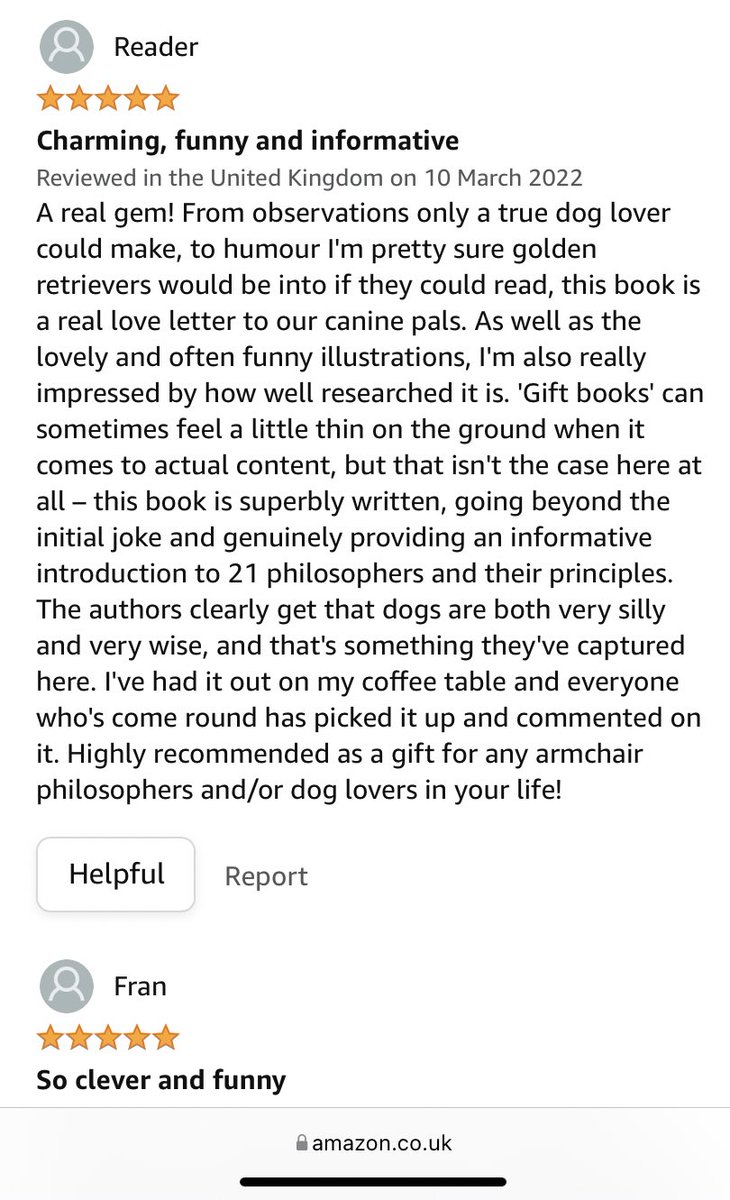 Chuffed to bits with this latest review of my @unbounders book Philosophers’ Dogs! Infinite love and gratitude to you, kind stranger! 

amazon.co.uk/Philosophers-D…

#writingcommunity #BookReview #books #publishing #AuthorsOfTwitter #feelsgood