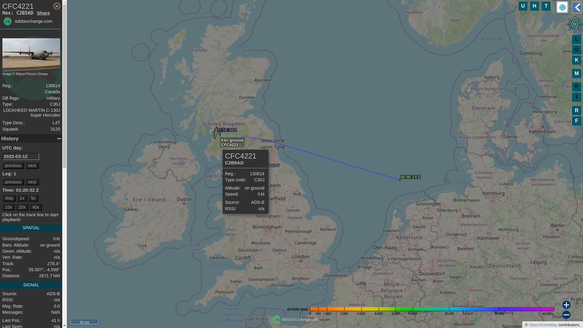 steffanwatkins's tweet photo. 🇨🇦 Meanwhile on 2022-03-11, #RCAF CC-130J 130614|#CFC4221|#C2B5AD flew from 🇭🇷 Split #LDSP, to 🇲🇰 Skopje #LWSK, to 🇵🇱 Rzeszów–Jasionka #EPRZ, and back to 🇬🇧 Prestwick #EGPK.
https://t.co/YCSOBGx2XA
#C2B5AD https://t.co/OlDCdfNZVW