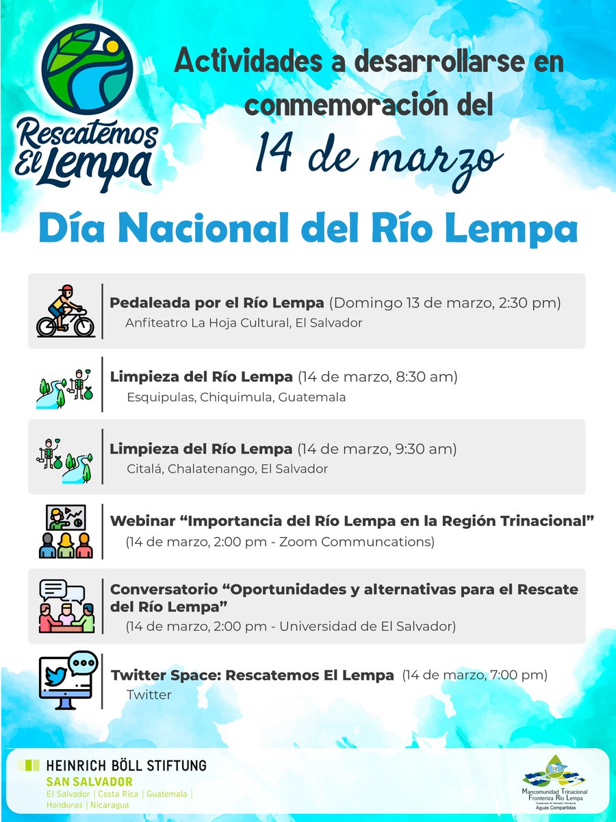 📣Acompáñanos a las diferentes actividades que la 
<a href="/RedRioLempa/">Red Trinacional por el Rescate del Río Lempa</a> estará desarrollando en conmemoración del 14 de marzo "Día Nacional del Río Lempa" #DíaDelLempa #RescatemosElLempa #DiaNacionaldelRíoLempa #Lempa