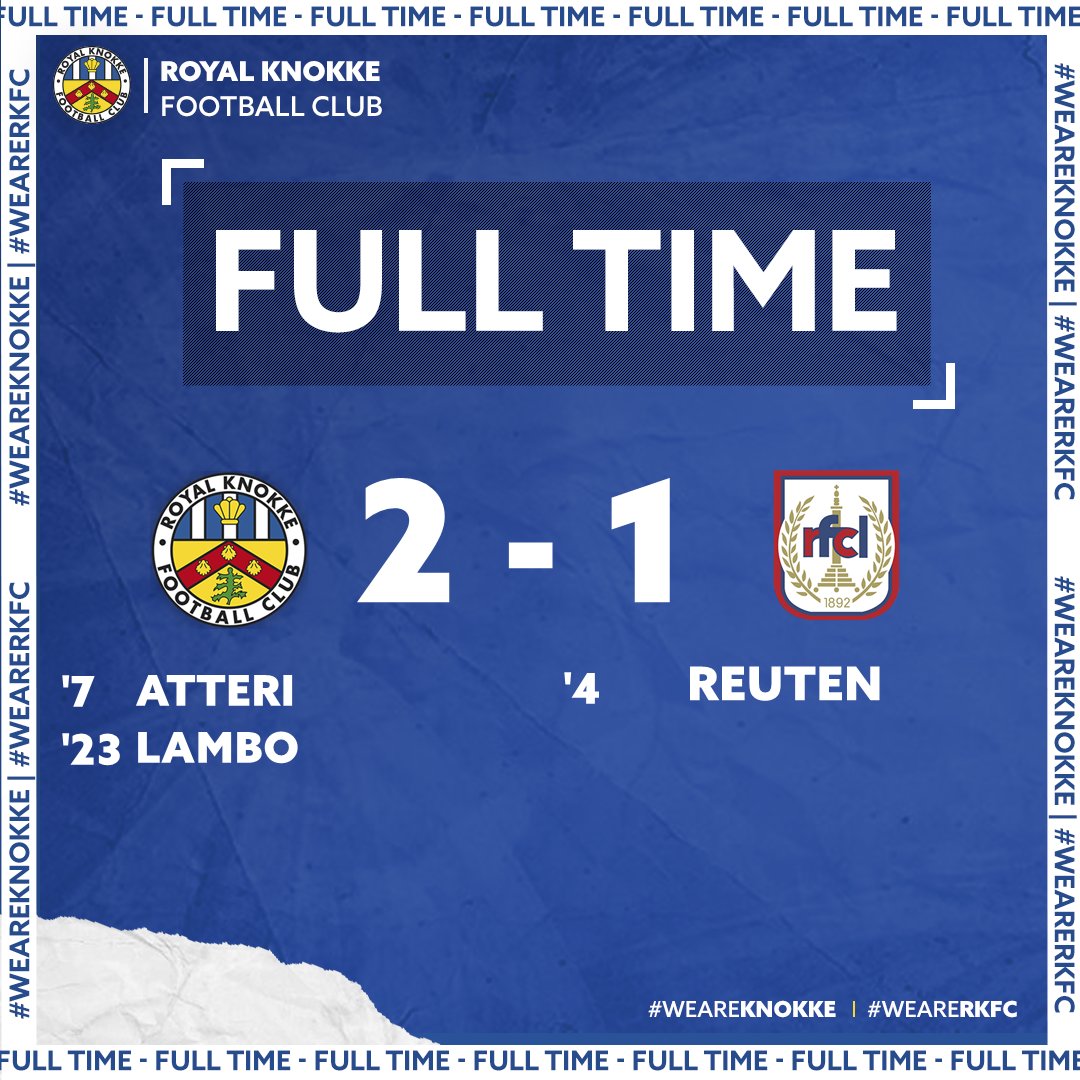 RKnokkeFC's tweet photo. FULL TIME!

RKFC houdt de drie punten thuis! 🔥

Na een vroege achterstand, wist RKFC de score volledig te draaien.

2-1 Eindresultaat! 🚀

#weareknokke #weareRKFC ⚪🔵 https://t.co/oEM9B6WLsn
