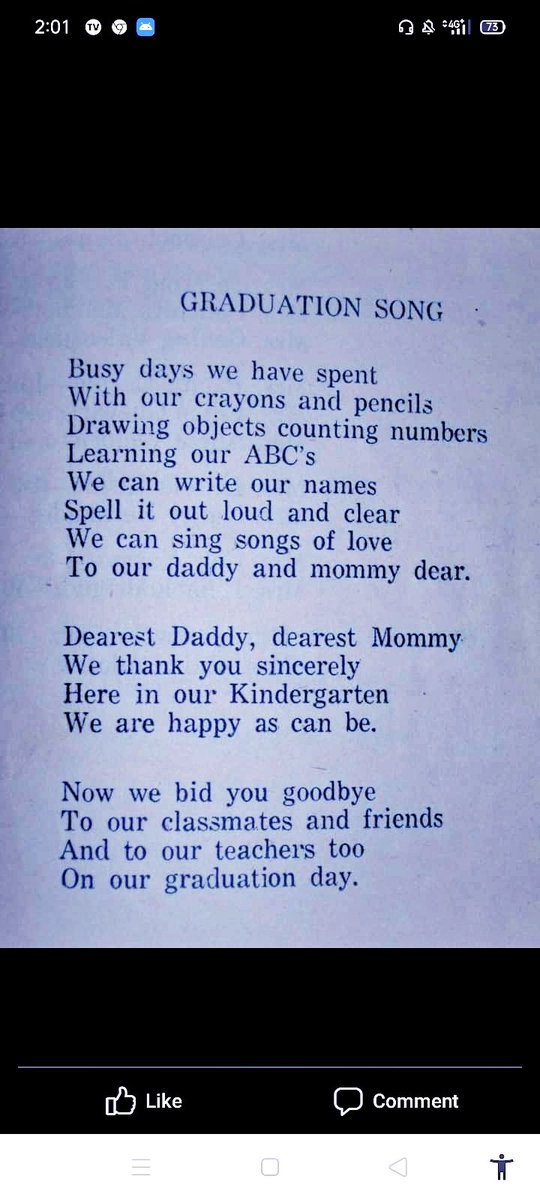 JaimeeR26's tweet photo. I still remember this one. It's a graduation song from my kinder year. A friend of mine send this as he still preserved the graduation program ( booklet ) in their home.
#NFWC
#GraduationSong https://t.co/8HqO6yGx71