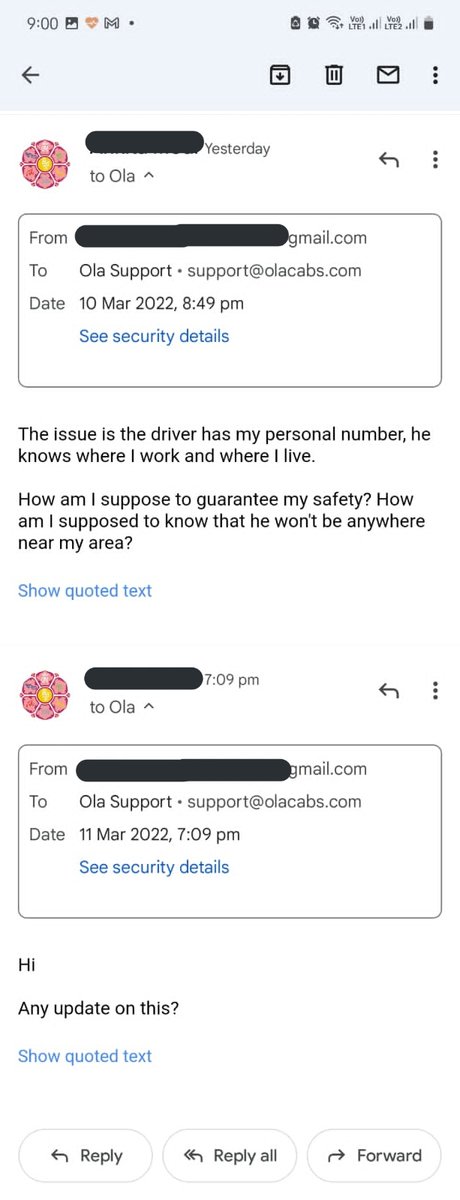 thatduskywoman's tweet image. 4) and why are drivers informed about the complaints raised by a customer? To call back and abuse?
Attaching the mails exchanged between ola and my sister, driver's details, recording. 7/n @Olacabs @bhash #OlaCabs #AmISafe