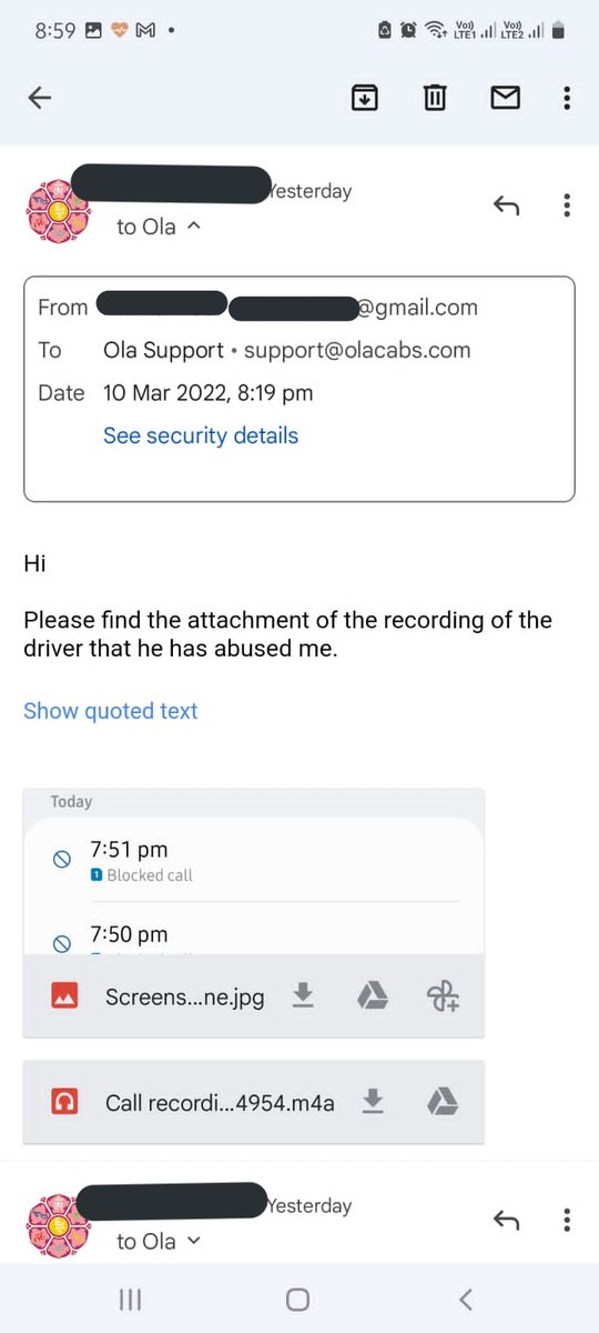 thatduskywoman's tweet image. 4) and why are drivers informed about the complaints raised by a customer? To call back and abuse?
Attaching the mails exchanged between ola and my sister, driver's details, recording. 7/n @Olacabs @bhash #OlaCabs #AmISafe