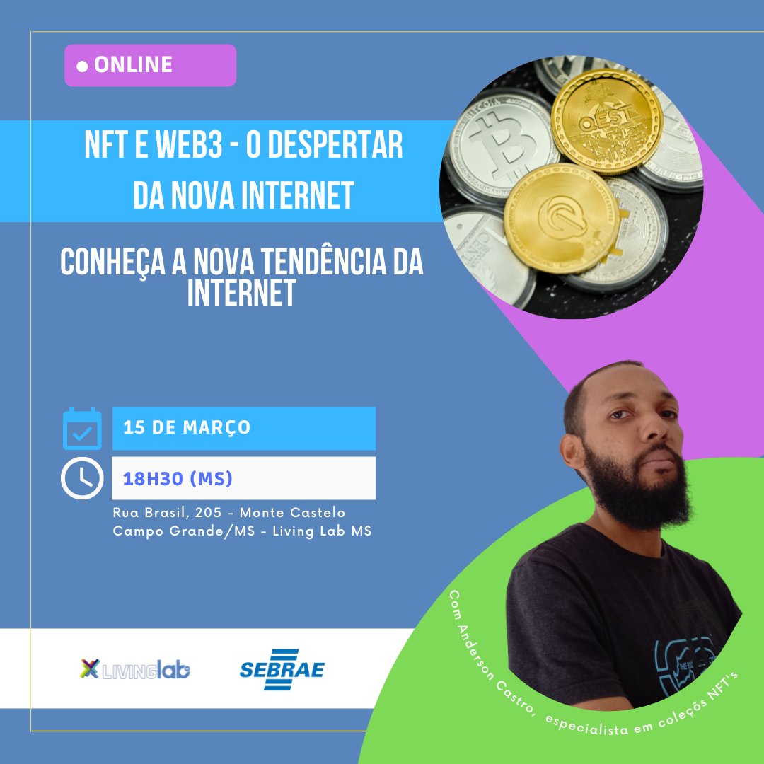 LivingLabMS's tweet photo. A nossa internet está mudando, novamente. Talvez não pareça, mas estamos indo para um terceira geração da internet. A Web3! 

Link de inscrição (ou clique no link dos nossos stories): https://t.co/OWva9GQ6Ir https://t.co/zKAhOqH1eV