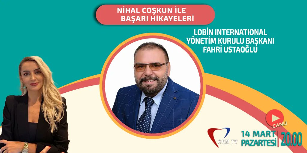 Nihal Coşkunla Başarı Hikayeleri'ne bu hafta Lobin International Yönetim Kurulu Başkanı Fahri Ustaoğlu 
📅 14 MART PAZARTESİ
🕢 20.00
📺 Cem TV
#BaşaHikayeleri #cemtv
<a href="/fahriustaoglu/">Fahri Ustaoğlu</a>
