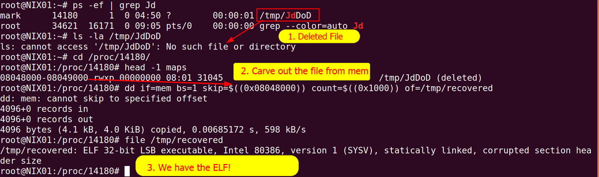ippsec's tweet image. Ever come across a file running on a Linux box that was deleted from the disk? Did you know you can likely use DD to recover the file without any non-standard tools?