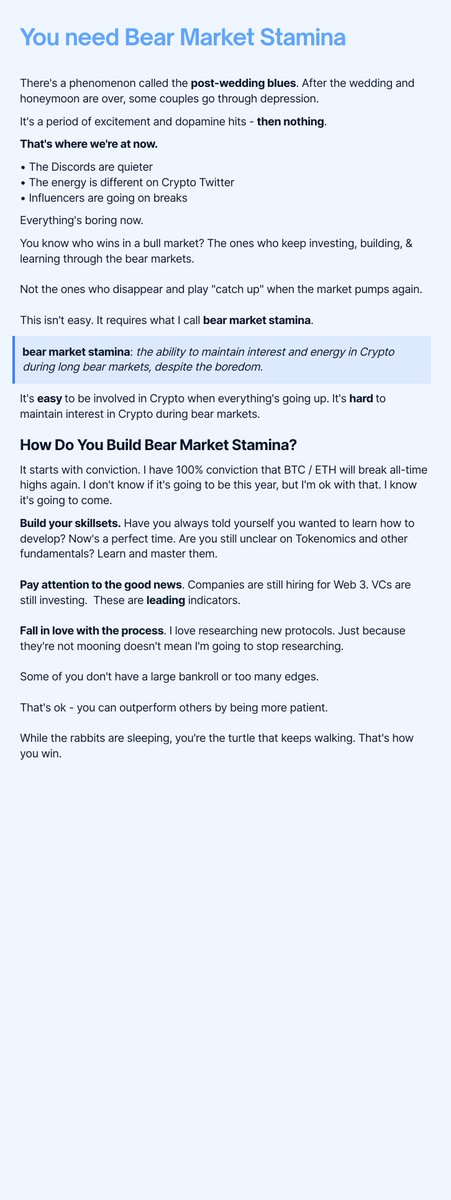 thedefiedge's tweet photo. The Discords are quieter, and Crypto Twitter has a different vibe.

I've been through several bear markets before.

If I could go back in time and tell myself something, it would be this...

A mini-essay on Bear Market Stamina: https://t.co/CJ5WLf0sQE