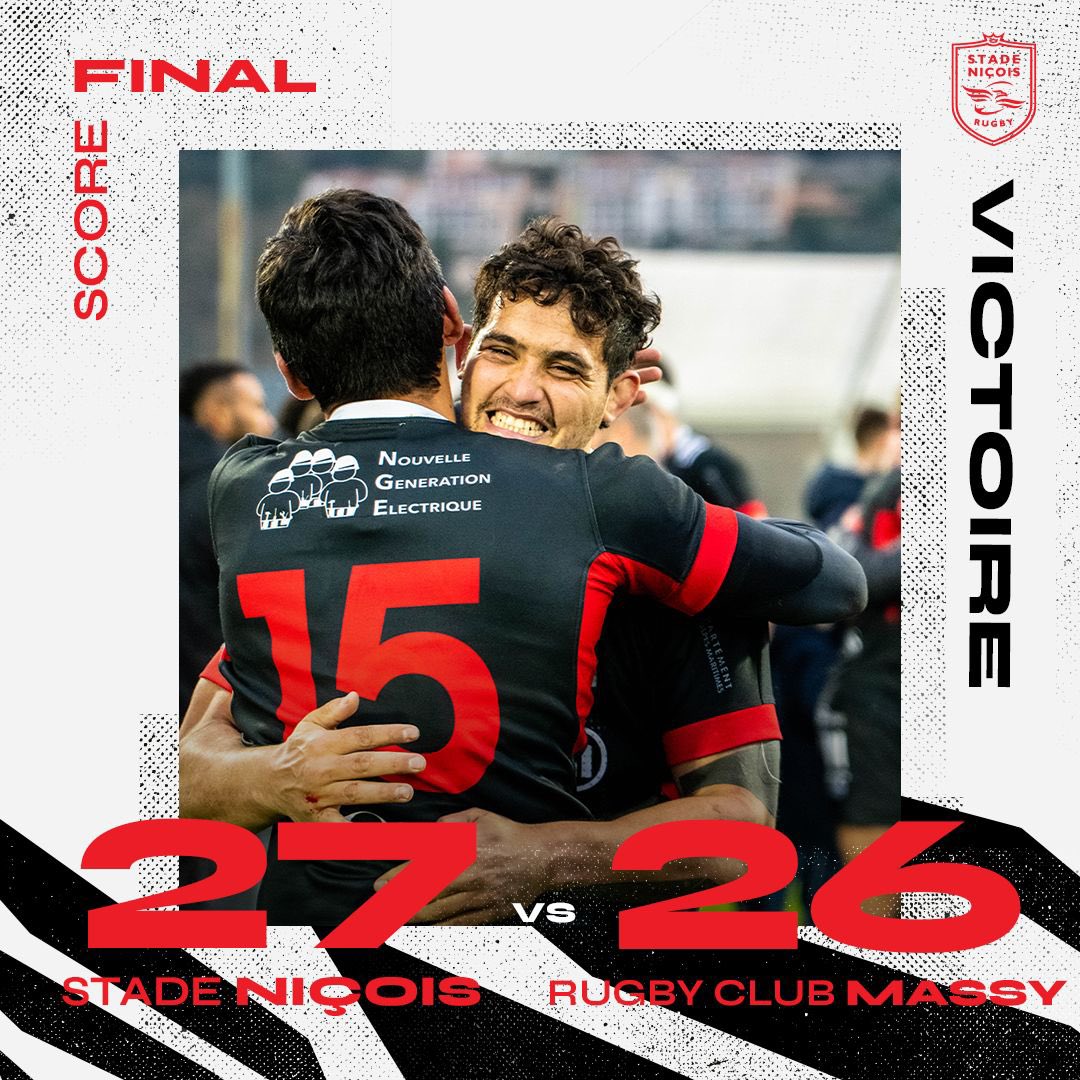QUELLE VICTOIRE DU STADE NIÇOIS 🔥 🔥 🔥 

Les niçois s’imposent au bout du bout avec un essai dans les arrêts de jeu et battent le leader Massy 🔴⚫️

Un succès plein de caractère, d’abnégation et de courage !

#SNvsRCME #Nationale #IssaNissa #NissaRugby #AquìEsNissa #Nice06