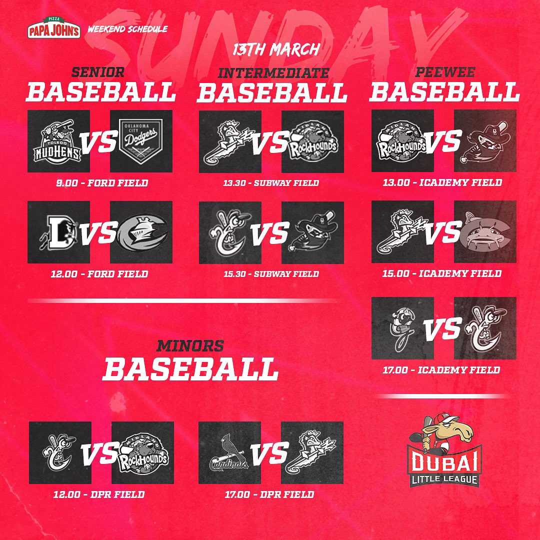 Week 1️⃣5️⃣ Schedule 🙌

Another action packed weekend at DLL - presented by @papajohnsuae ⚾️

#DubaiLittleLeague