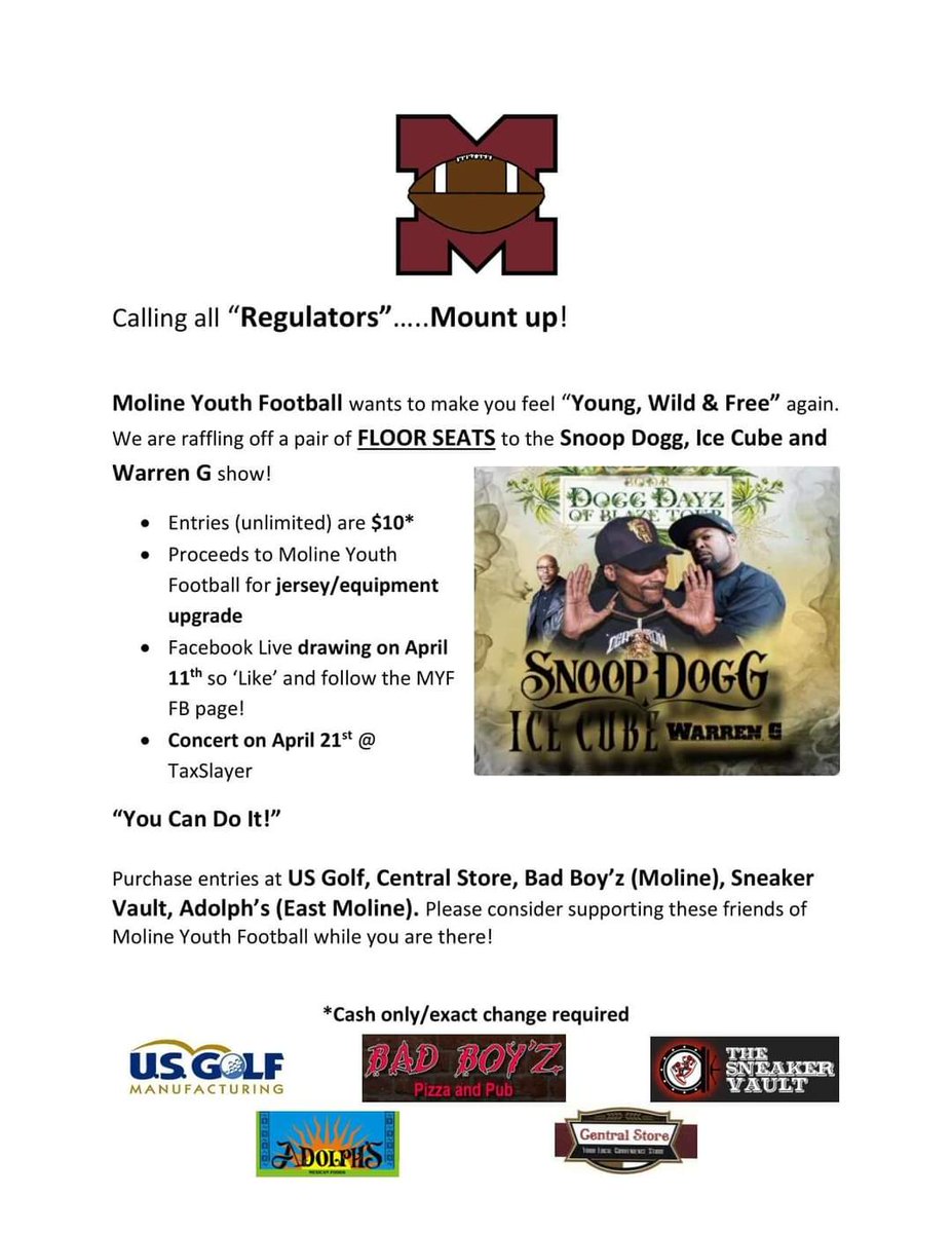EAlvarez4078's tweet photo. Moline Youth Football Fundraiser. Floor seats to SNOOP DOGG. $10 per entry. 👀👇🏼For details 💯🏈 https://t.co/Xx2UQY7gOh