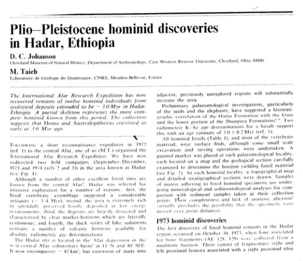FossilHistory's tweet photo. #OnThisDay in 1976, the first mention of Lucy appeared in @nature. "This discovery provides us with a unique opportunity for reconstructing the anatomy of an early hominin in far more detail than has been previously possible...analysis has only just begun." #histsci https://t.co/bCmPkuaNm5