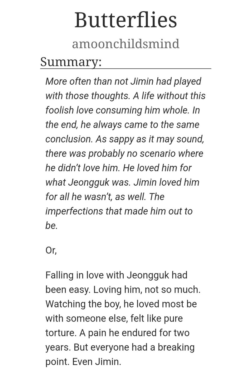 amoonchildsmind's tweet photo. ☆ Butterflies ☆
https://t.co/hQNsU0szn4
• #jikook #mingguk #jikookAU
• ~ 62k words (total)
• unrequited love, friends to lovers, misunderstanding, angst (with happy ending)
• mature &amp; sexual content 🔞
• chaptered https://t.co/q6RaeK9XGY