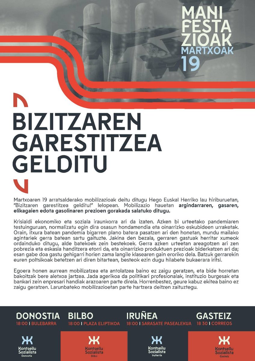 Kontseilua_Don's tweet image. BIZITZAREN GARESTITZEA GELDITU!

📝 Datorren larunbatean lau hiriburutako kontseilu sozialistok burutuko ditugun mobilizazioen kokapena

M19| 18:00ETAN BULEBARREAN