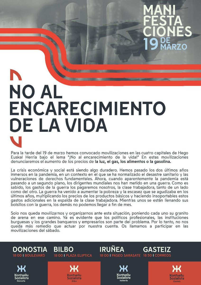 Kontseilua_Don's tweet image. BIZITZAREN GARESTITZEA GELDITU!

📝 Datorren larunbatean lau hiriburutako kontseilu sozialistok burutuko ditugun mobilizazioen kokapena

M19| 18:00ETAN BULEBARREAN