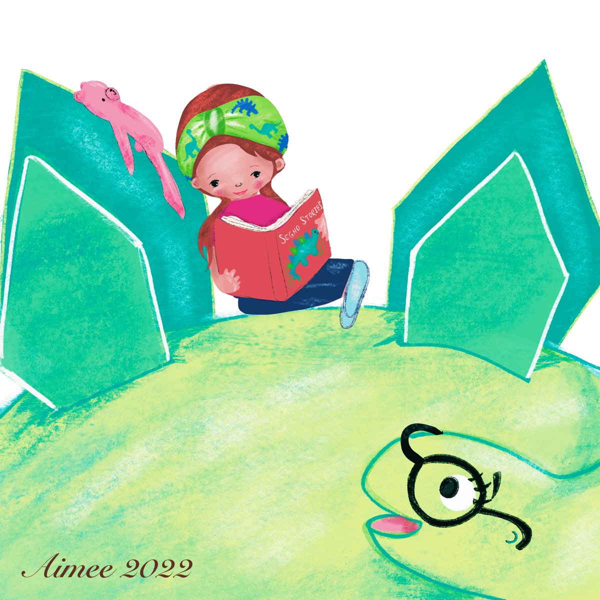 ahaburjak's tweet photo. Just a girl, a book and her friend🦕 couldn’t resist the color combo this week (although late). #kidlitart #colour_collective #persiangreen https://t.co/nQvQrLnRFF