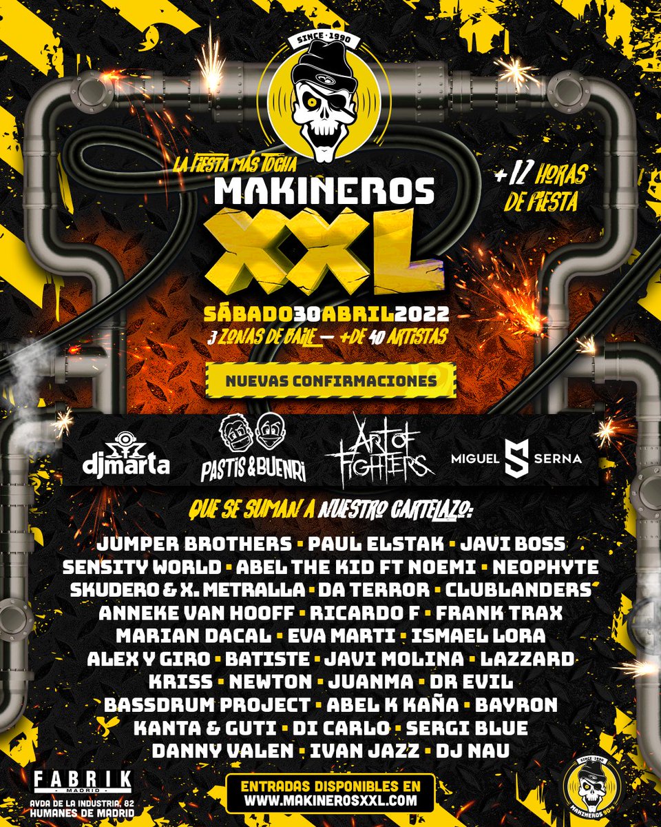 Makineros90's tweet photo. 😱¡NUEVAS CONFIRMACIONES para Makineros XXL en Fabrik!😱 ¡Pastis &amp; Buenri, Dj Marta, Art Of Fighters y Miguel Serna se unen al CARTELAZO!¡Últimas entradas a 22€ en 👉 https://t.co/LbElxdk9kL y hoy domingo a las 23:59 SUBEN de precio a 25€! https://t.co/JMDdNaVKgi