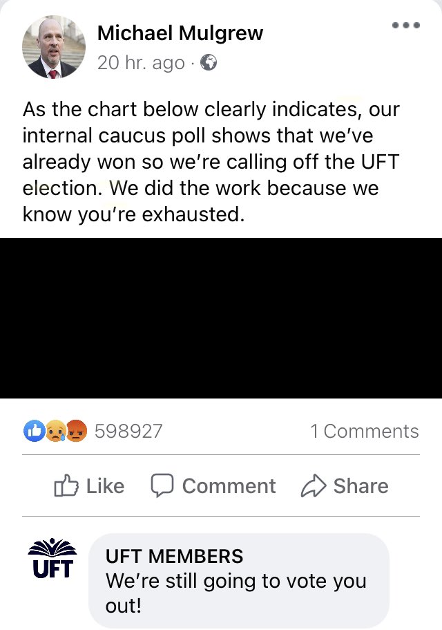 UniUFT's tweet photo. Our internal caucus poll results are in. We’re calling off the election because we did all the work. 

It’s time to come together to silence all our opponents and sign our loyalty oaths. 

Solidarity ✊🏻. https://t.co/3QHMdpgSFL