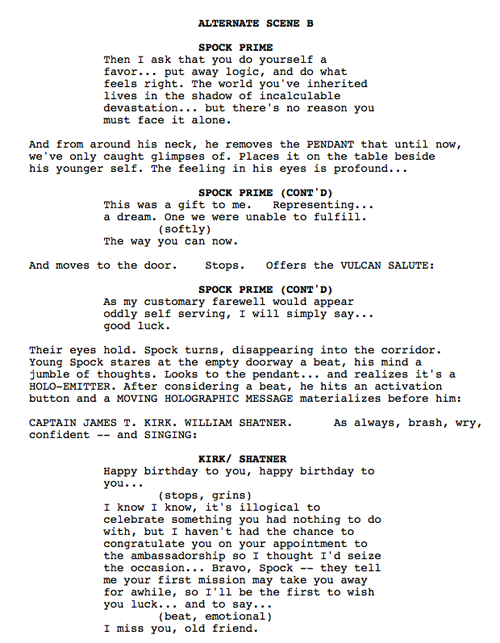 year2200s's tweet photo. The Pendant

Star Trek (2009)'s writers intended alternate Spock to be given a hologram of Kirk Prime by Spock Prime. However, they opted to drop the idea without proposing it to Shatner, as he was vocal about having a substantial role in the film and not a cameo. (Memory Alpha) https://t.co/Hh8iKQpYLG