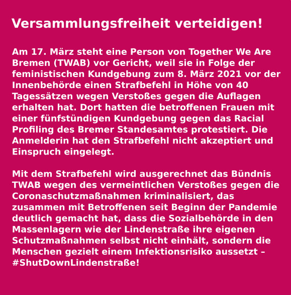 WeAreBremen's tweet photo. Versammlungsfreiheit verteidigen!!  Kriminalisierung von Protesten entgegen treten!! Kommt mit uns am Donnerstag morgen vors Amtsgericht!! https://t.co/Px5ZfBh6UE
