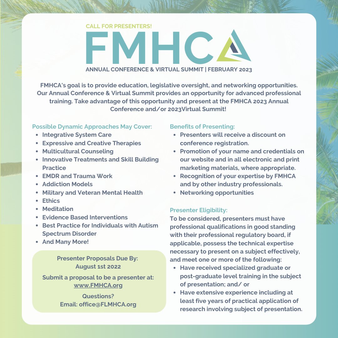 FMHCA's tweet photo. 🚨CALL FOR PRESENTERS🚨
If you are interested in being a presenter for us at our 2023 Annual FMHCA Conference, please visit the link below!
Click Here: https://t.co/UEOtYwBdO0
#FMHCAmember #FMHCAconfernce #callforpresenters #mentalhealthprofessional https://t.co/ECao0kuC1d