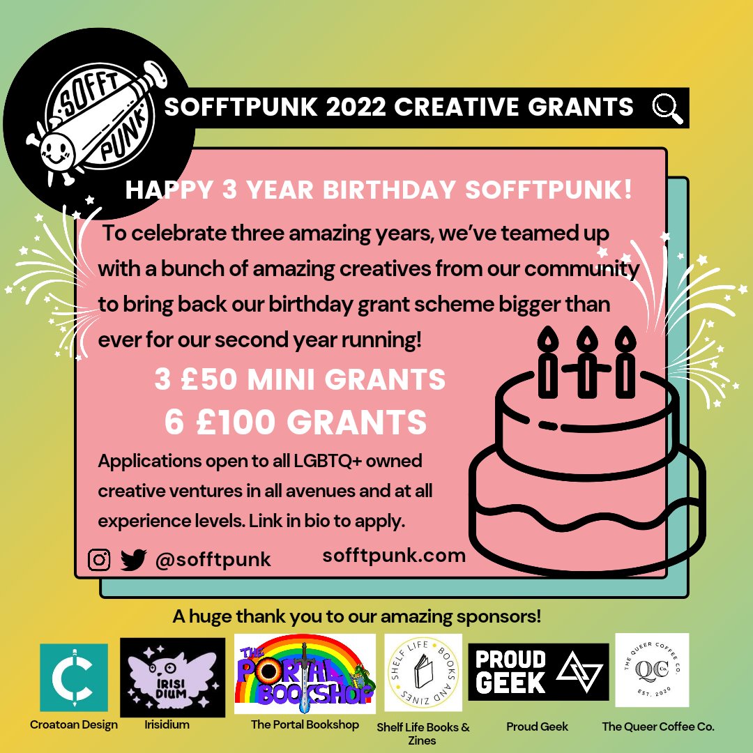 sofftpunk's tweet photo. ⚡ Sofftpunk 2022 LGBTQ+ Creative Grants ⚡

Applications now open! Please share with your communities!

Thank you to our amazing sponsors; @shelflifecdf @PortalBookshop
@Croatoandesign @irisidium @ProudGeekStore , thequeercoffeeco &amp; my awesome sisters!

https://t.co/i601B3hSS4 https://t.co/TMjlMh7nrb