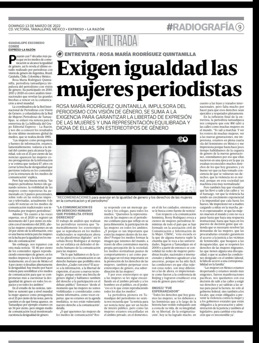 LupitaEscobedoC's tweet photo. Buen domingo, les comparto la entrevista que realice a @RosaMariaenRed @redpergenero
en #LaInfiltrada para @ExpresoPress #CdVictoria #Tampico #Tamaulipas hablamos de Igualdad de género en la comunicación #MujeresPeriodistas #8Marzo2022 #JournalismEquality #CapituloJ https://t.co/7djeIj0iIa