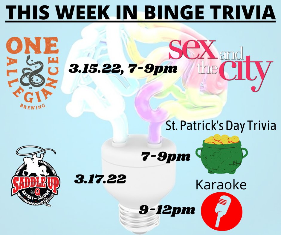 BingeThisOne's tweet image. A light week in Trivia and Karaoke. Don't miss your chance to be apart of the fun!