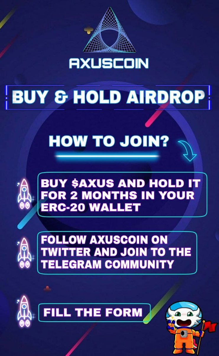 AxusCoin's tweet image. 1. 
Buy &amp;amp; hold $AXUS from 3/15/22  - 4//15/22 &amp;amp; hold for 2 months
Form : forms.gle/gzYcMGueocCvCW…

2.
Chance to win free $AXUS
* RT this tweet and quote @axuscoin , #axuscoin #lottery #axus
* Mention @ 3 friends below