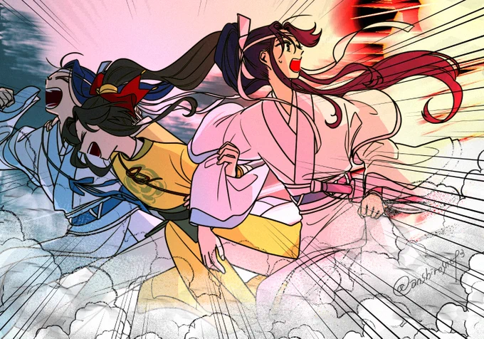 #mdzs
〜夜狩りにて〜
ドカーン!!💥💥💥

「「逃げろぉぉぉぉ!!」」

という、、え、想像するだけで可愛い😫
小双璧&amp;あーりんでした🙏🏻 