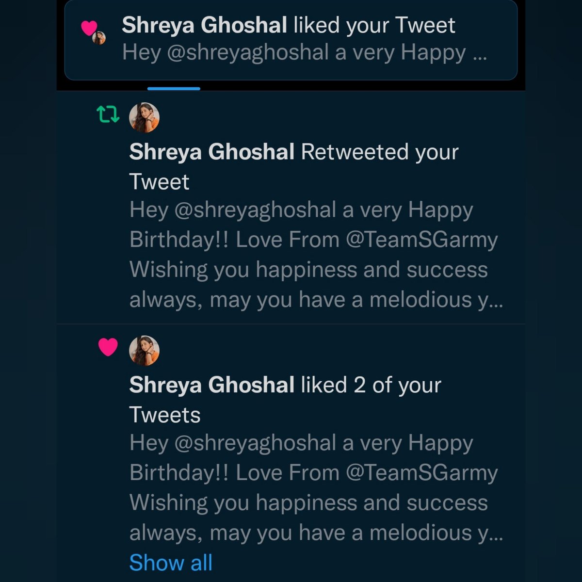 TeamSGarmy's tweet image. Thank you @shreyaghoshal for made our @TeamSGarmy day 💚 Today we blessed with ur likes and retweet ♻ from Twitter 🐦 🥺😭 i can&apos;t believe you see and liked ur first year birthday celebration video and name board wish 😭🥺 really few minutes I can&apos;t breathe 💟😭