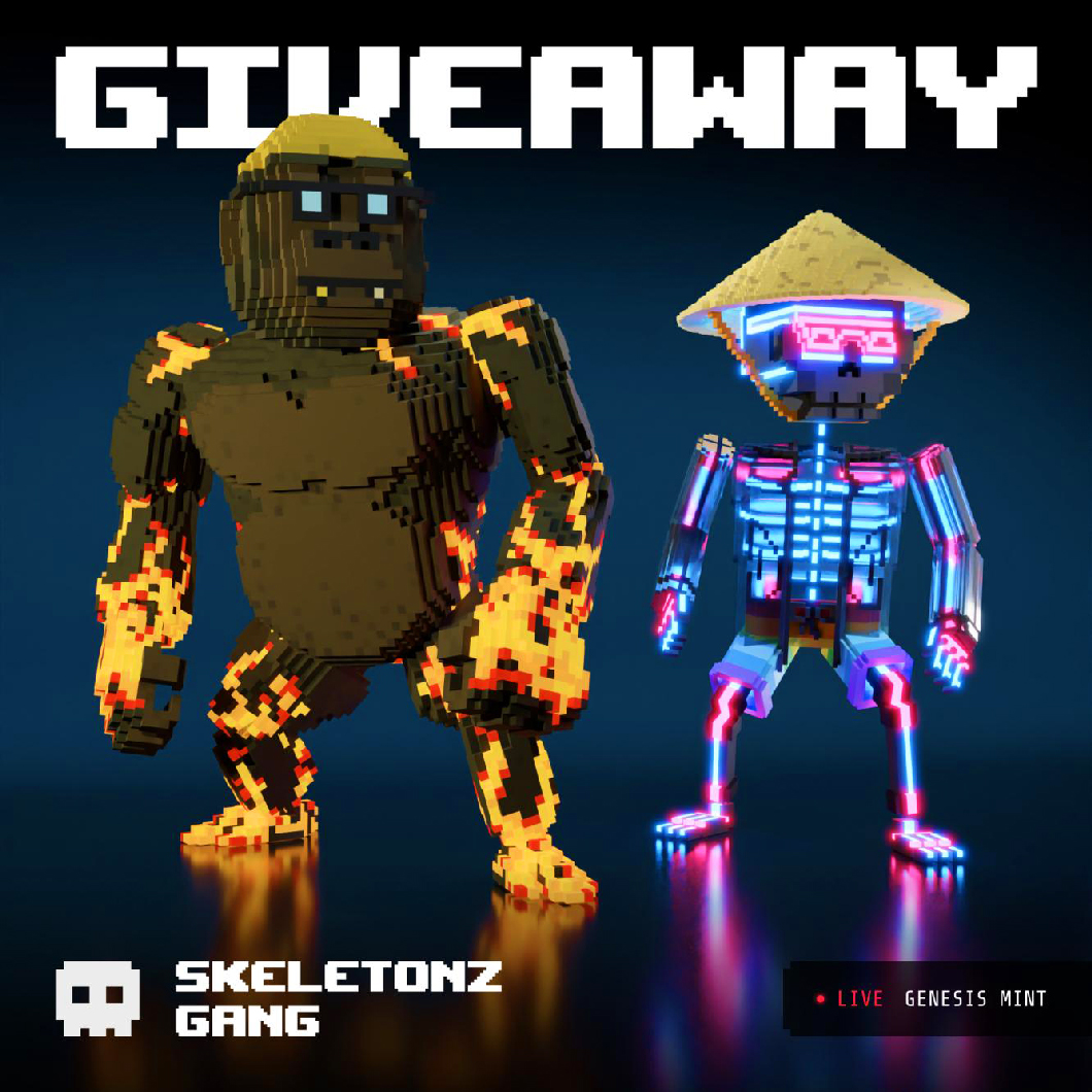 ☠️ Cyber Kongz Gvieaway 🦍
We'll randomly select 2 people from first 500 minted  and drop each of them 1 Cyberkongz VX!

🏴‍☠️To enter you must mint the first 500 Skeletonz
🏴‍☠️ Hold at least 2 Skeletonz.
🏴‍☠️ 1 entry for every 2 Skeletonz
🏴‍☠️ Delist or list your Skeleton above 0.25 eth