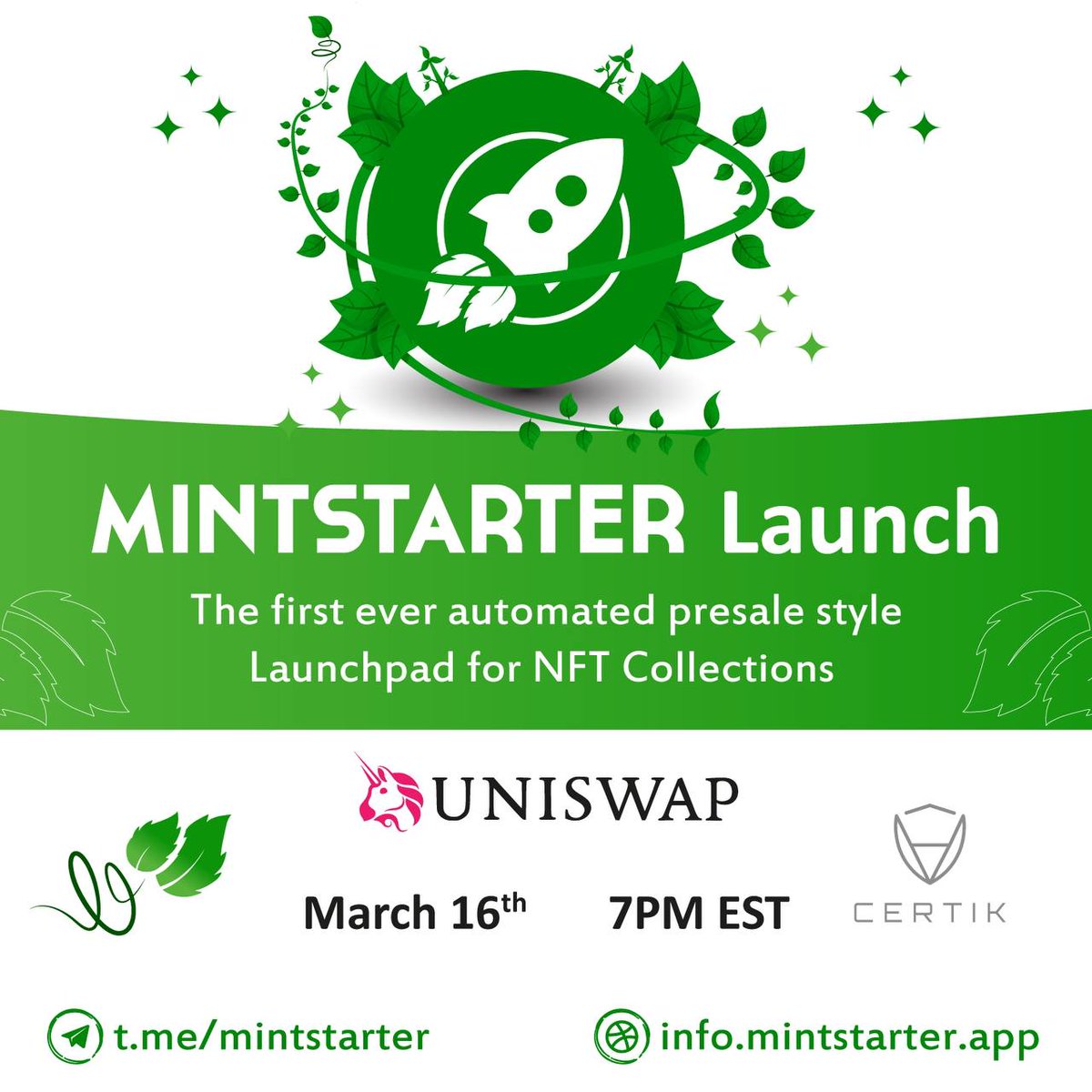 MintStarter's tweet photo. ❇️ MintStarter - Launching on ETH March 16th, 2022! 

The first NFT launchpad that takes all the development hassle out of launching your NFT collection! 🚀

Like, retweet, and tag 3 for a chance to win $100!

 📱https://t.co/1QJYRDivQi
🌎https://t.co/f4NNCQa6vg

#MintStarter https://t.co/5nCQVnDK6m