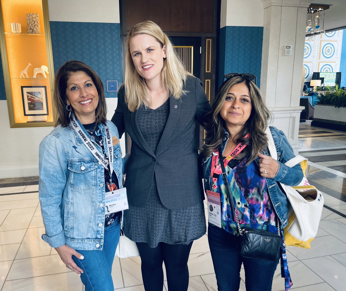 Absolutely honored to meet <a href="/FrancesHaugen/">Frances Haugen</a>, product manager turned Facebook Whistleblower, here with <a href="/MonikaSamtani/">Monika Samtani</a> and <a href="/ChhaviB/">Chhavi Arya Bhargava</a>. As if you needed an excuse, her session on challenging big tech is right before Rohit's tomorrow, 10 AM in ACC Ballroom D! #SXSW #freeandopeninternet