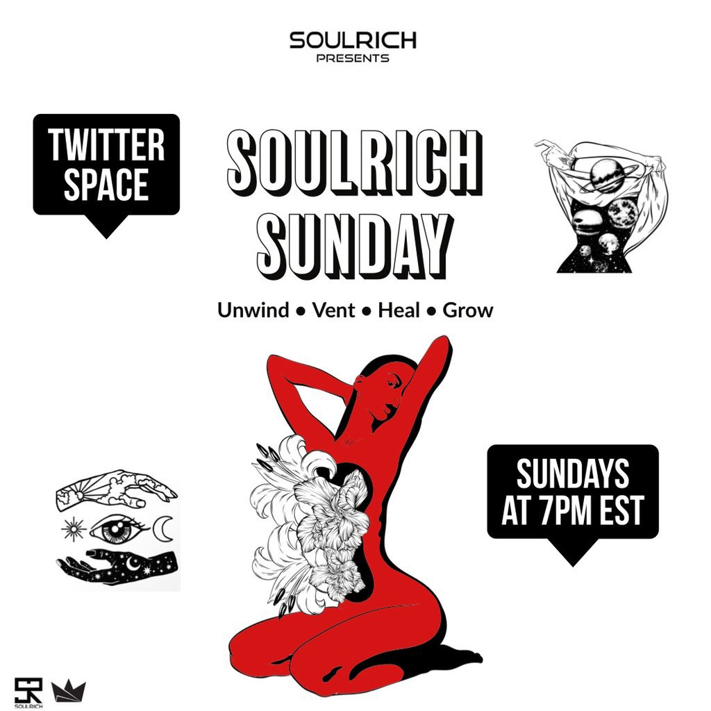 sagesoulrich's tweet photo. Happy #SOULRICHSUNDAY 🚀❤️‍🔥🌍
It’s time to UNWIND 🍃 VENT 🗣 HEAL ❤️‍🩹 &amp; GROW 🙏🏽  

Join us at 7pm EST as we focus on #mentalhealth #creativefreedom #web3 and #BALINFTWEEK 🌴🌺 co hosted by @AnothrBreed 💫 #NFTCommunity #NFTshill #NFT @metaforestsoc #WomenInNFTS 💪🏽✨ https://t.co/sK4cpcE7F1