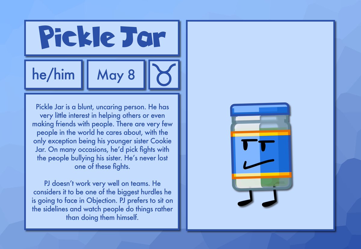 ObjectionShow's tweet photo. Introducing the next Objection character, Pickle Jar! #objectionshow #bfb #tpot #objectshows https://t.co/ndFusgsu3j