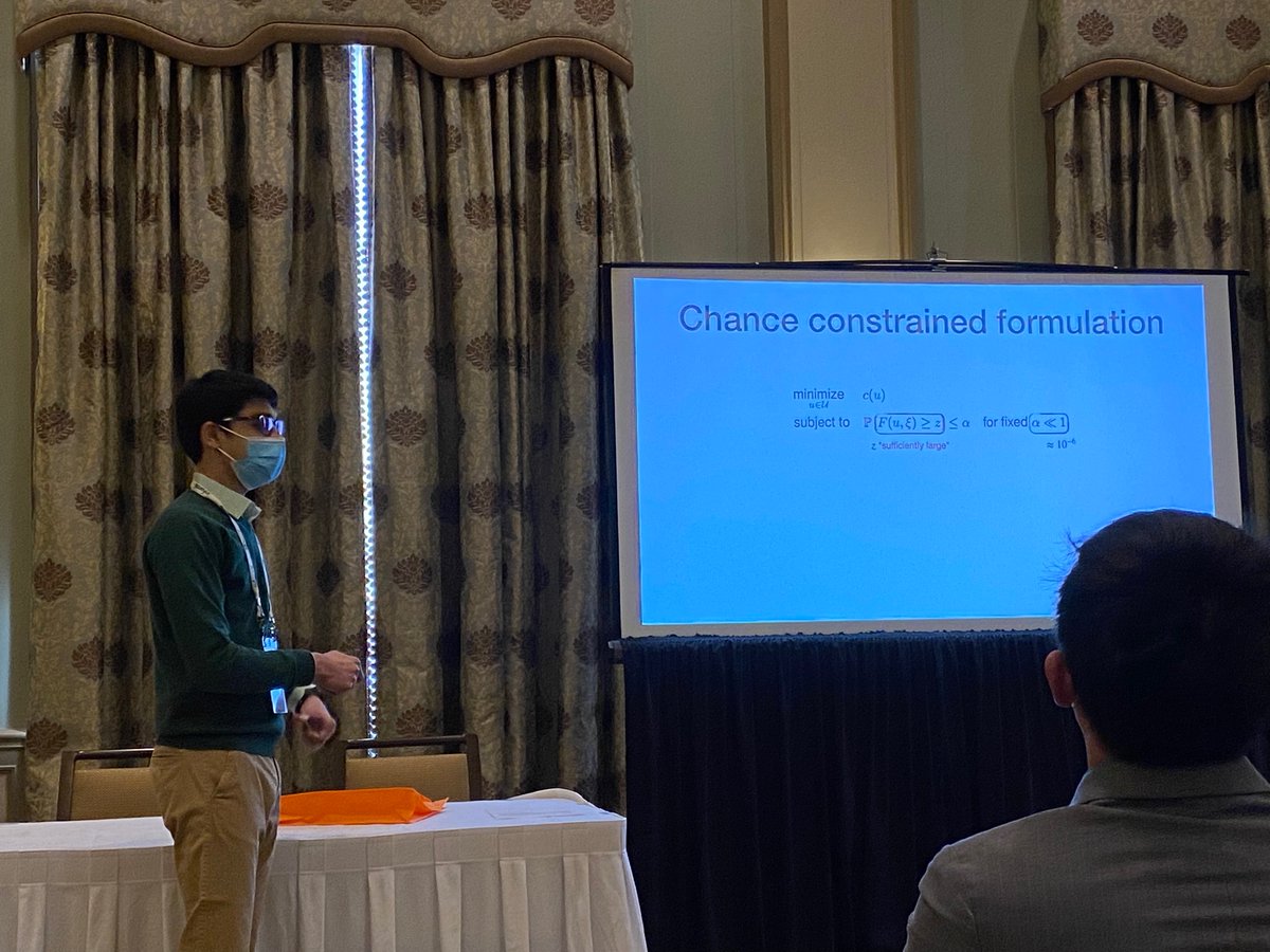 songmath's tweet image. Anirudh from @argonne talks about sampling-free methods for rare event chance-constrained stochastic programming #ios2022