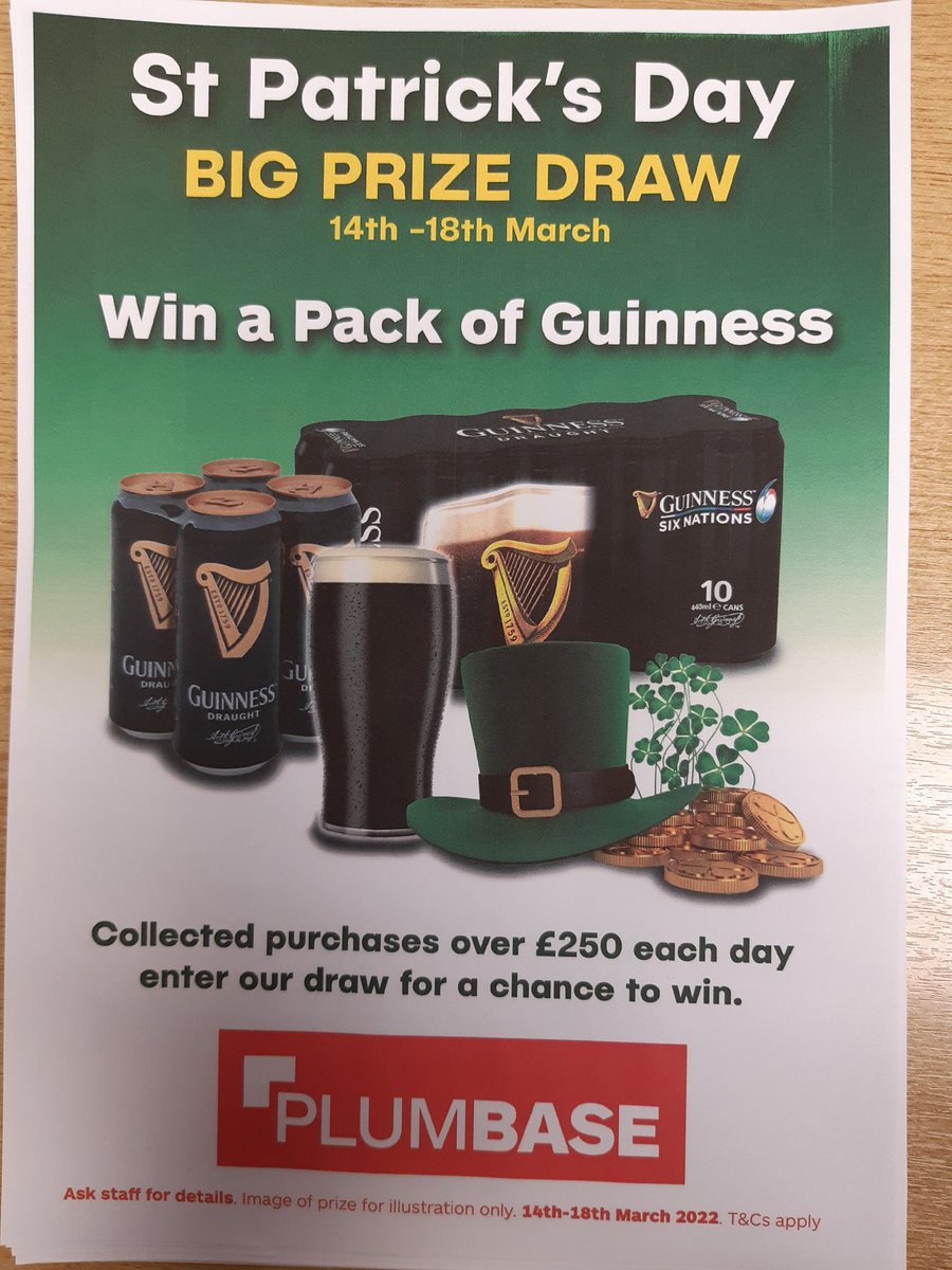 plumbase_brain's tweet photo. This week 14th - 18th March to celebrate St Patrick's day spend £250 on collected orders for a chance to win a pack of Guinness. Good luck. Braintree Plumbase https://t.co/oEc4ZB5ppD