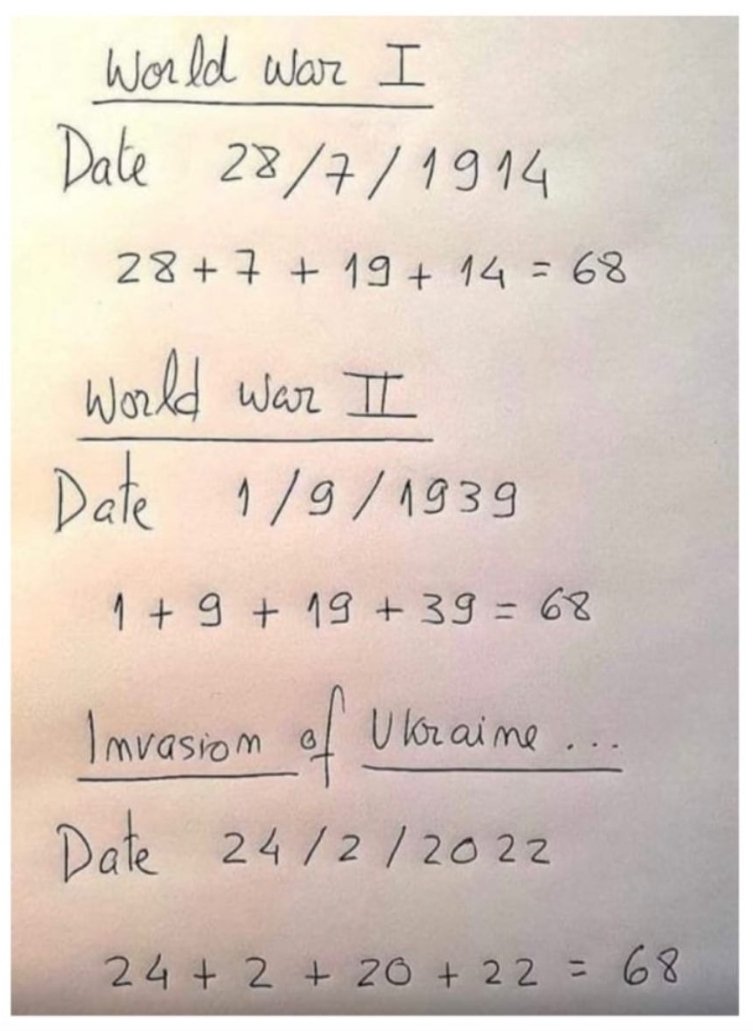 Pavanprasad_300's tweet photo. But, 1st world War, date(28/7/1914)
2+8+7+1+9+1+4 =32
2nd world war, date(1/9/1939)
1+9+1+9+3+9=32
Invationof ukraine, date(24/2/2022)
2+4+2+2+0+2+2=14 https://t.co/yPdEp6OPQ3