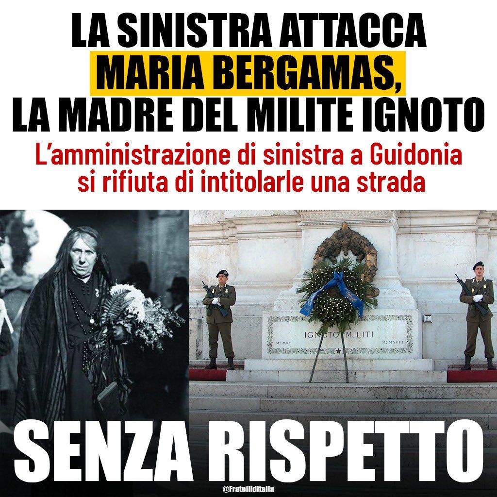 FratellidItalia's tweet photo. 🔵 Rispetto e giustizia per Maria Bergamas, "madre" del Milite Ignoto e simbolo di unità nazionale.
La sinistra la smetta di oltraggiare la memoria della nostra Nazione. https://t.co/i1mnRcfTSn