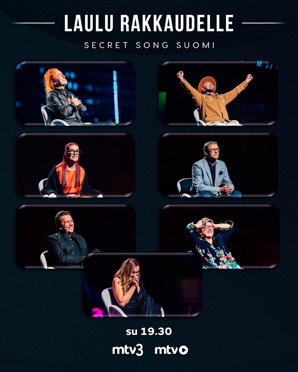 Tänään su 19.30 nähtävässä #LauluRakkaudelle: #SecretSongSuomi -jaksossa yllätysten tuoliin istuvat:
#TommiLäntinen, <a href="/EEerikainen/">Esko Eerikäinen</a>, #AiraSamulin, #MarkkuKanerva, #MikkoKuustonen, #EijaAhvo sekä <a href="/marjahintikka/">Marja Hintikka</a>. ❤️🎶

Katso milloin vain @mtvpalvelu’ssa: mtv.fi/laulurakkaudel…