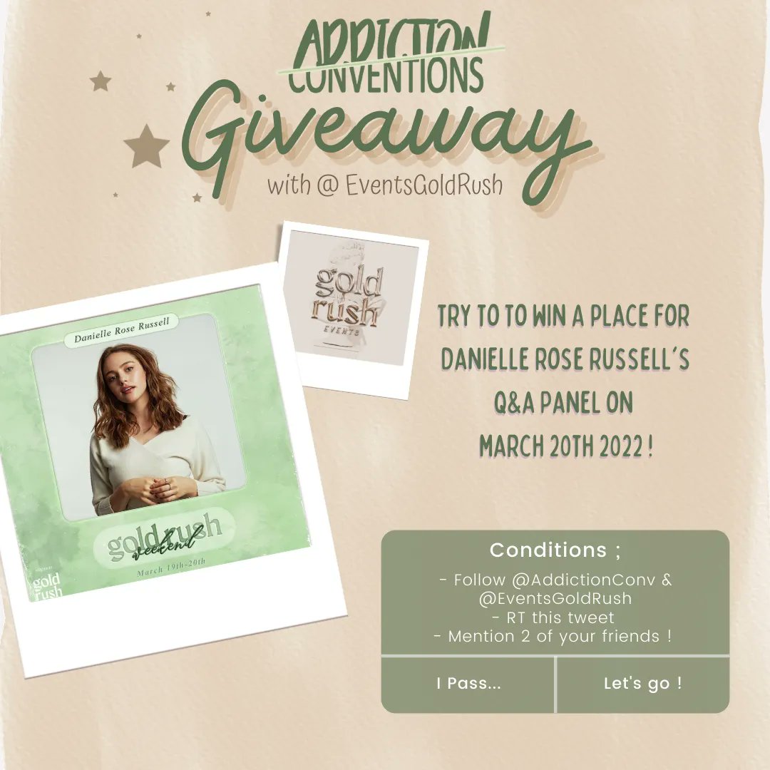 📢 #GIVEAWAY #Legacies
Try to win a place for Danielle Rose Russell's Q&amp;A panel next week-end!

- Follow @EventsGoldrush and <a href="/AddictionConv/">Addiction Conventions</a> 
- RT this tweet 
- Mention two friends.

Draw this Thursday!