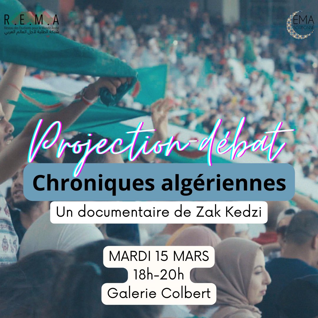 ChroniquesDZ's tweet photo. 📣 RAPPEL 
La projection de @ChroniquesDZ organisée avec l’association @EMASorbonne se déroulera ce mardi 15 mars de 18h à 20h dans la Galerie Colbert à l’Institut National d’Histoire de l’Art (INHA), 2 Rue Vivienne, 75002 Paris 🔥 https://t.co/QzngifNuxu