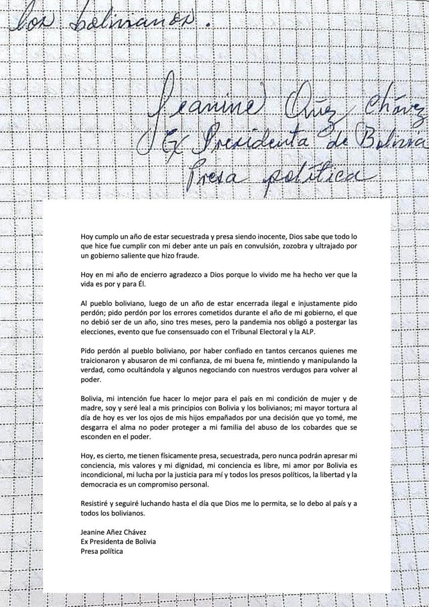 JeanineAnez's tweet photo. Cumplo un año de encierro. Agradezco a Dios por mantenerme con vida. 
La verdadera Justicia es Suya, mientras secuestradores y violadores dictan desde Palacio mi encierro y la violación de mis DDHH y de los presos políticos.
Bolivia necesitaba paz y yo asumí la consecuencia. https://t.co/5iqTxhlvNB