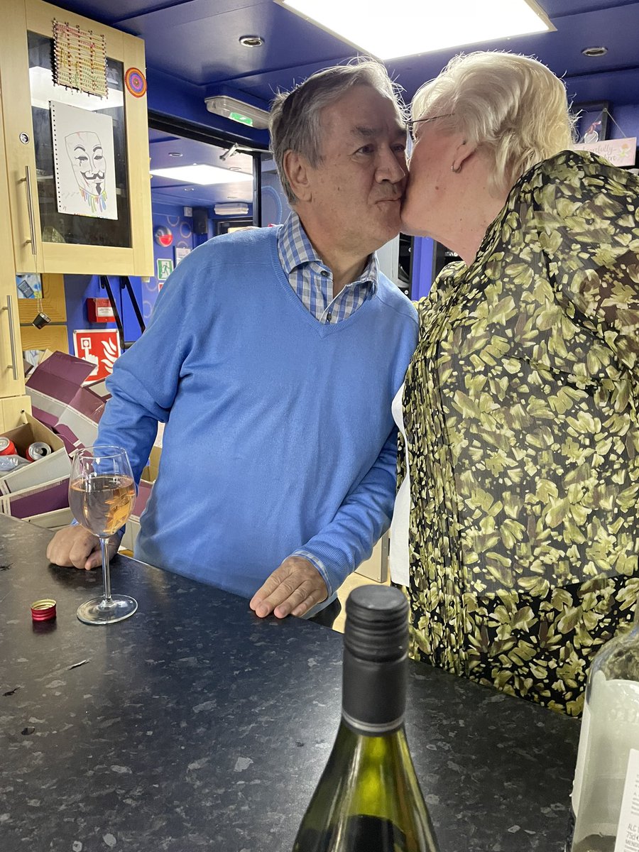 Wonderful celebrating <a href="/BaileyJ14/">Jonathan Bailey</a> 70th birthday 🥳 this afternoon at (fittingly) the Hersham Youth Centre to which he is devoted. Jon gets a 😘 from Margaret H, also a dedicated volunteer &amp; my distinguished predecessor as Hersham’s SCC Cllr. Great time.