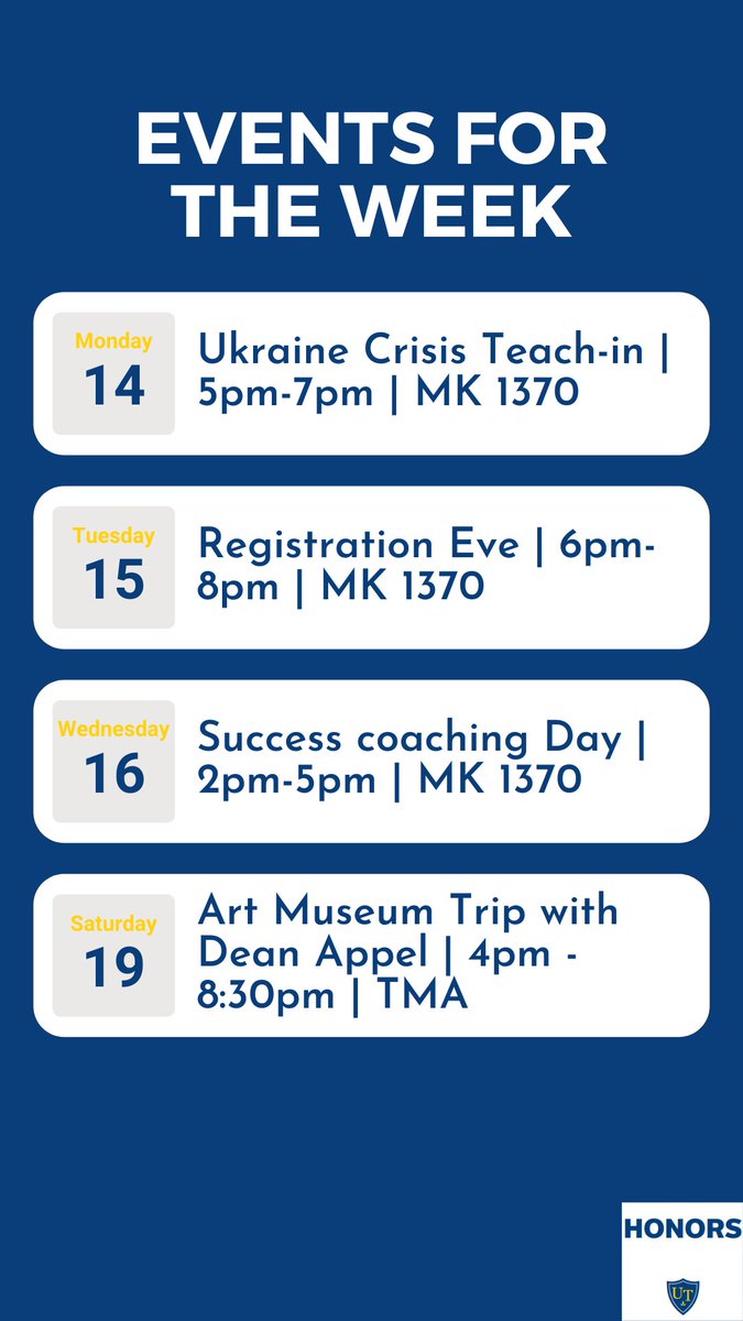UTHonors's tweet photo. Welcome back from Spring break! We hope you had a restful time. Here are some upcoming events you will not want to miss this week! #utoledo #utoledohonors #8weeksleft #utoledoevents #universityoftoledo #jshc https://t.co/4InClzn8Hh