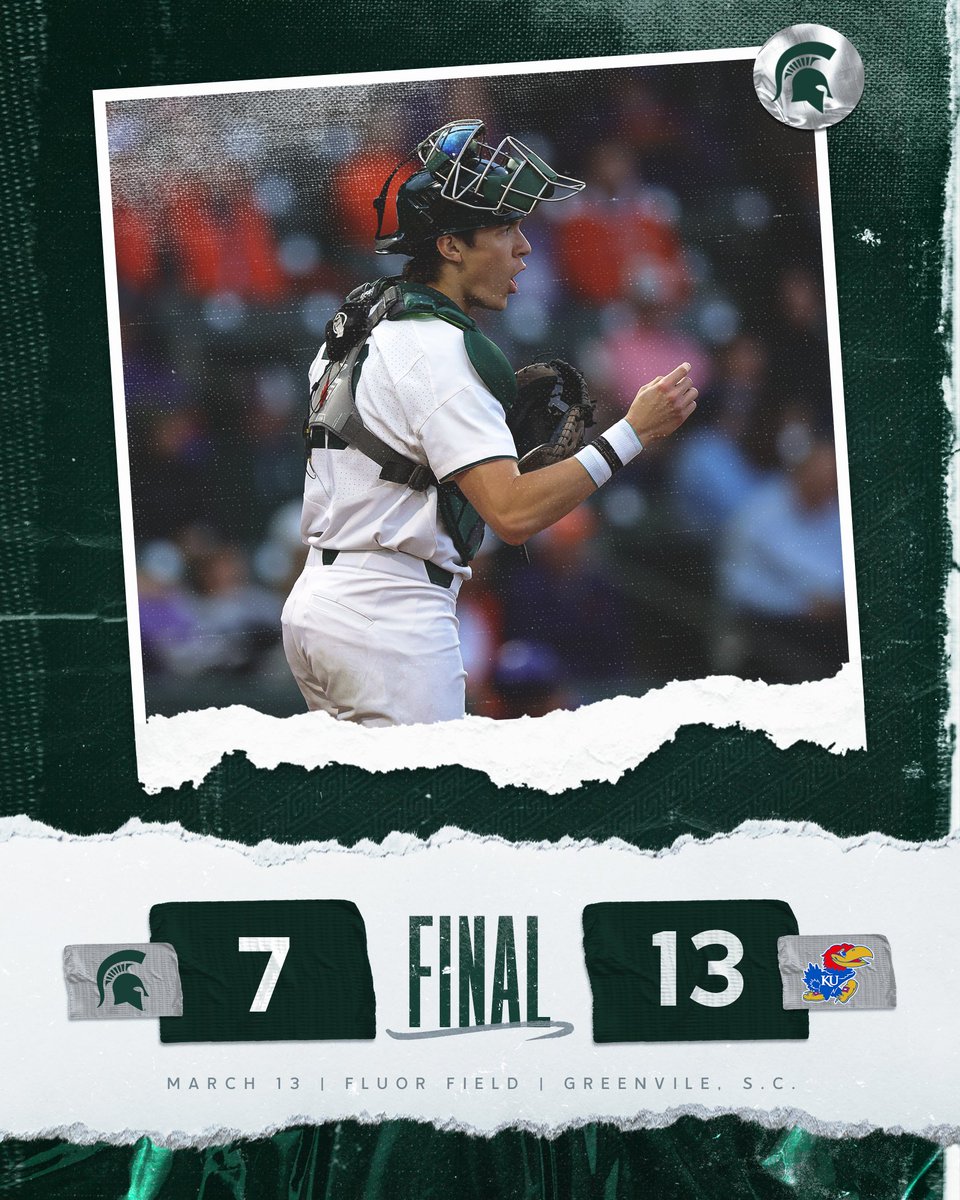 MSUBaseball's tweet photo. Final Score from Greenville:
KU 13, MSU 7. The Spartans finished 2-1 at First Pitch Invite at Fluor Field, home of the @GreenvilleDrive, as Bryan Broecker went 3-for-4.
MSU returns home for the '22 home opener next Fri-Sun vs. Houston Baptist!
#GoGreen | #FirstPitchInvite https://t.co/cTwzLgYnkg