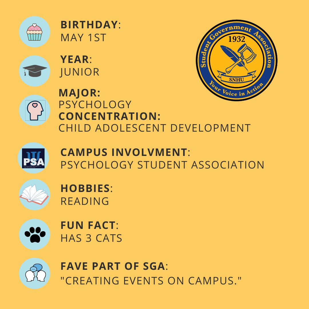 SNHUSTUDENTGOV's tweet photo. Meet the Senator Sara Shaughnessy! She's added so much to our organization and is always willing to help out. We are so lucky to have her on our team! https://t.co/nYz5douhVk