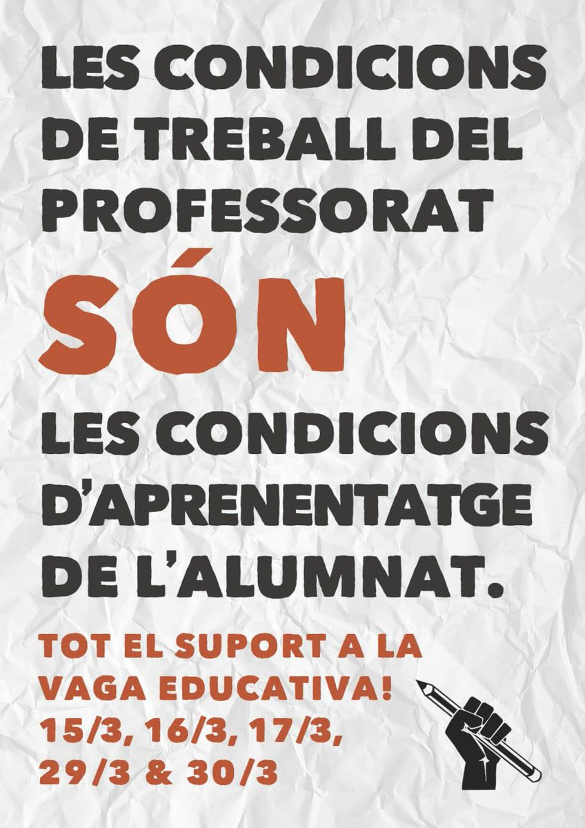 Si voleu qualitat a l'ensenyament, cuideu dels docents! #VagaEducació pel 6% i per educar en condicions ✊🏻 estem preparades per guanyar menys ràtios, inclusió real, currículums consensuats, més hores de coordinacions, estabilitat de les interines... La #PrimaveraEDUCATIVA arriba!